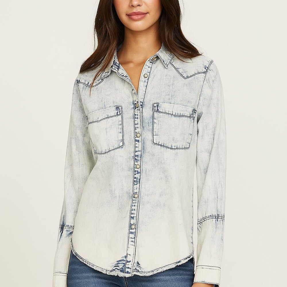 William Rast Mercer Acid Washed Denim Button Up Western Shirt
